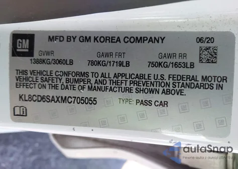 2021 Chevrolet Spark Fwd 1Lt Automatic z USA, uszkodzony, nr VIN KL8CD6SAXMC705055